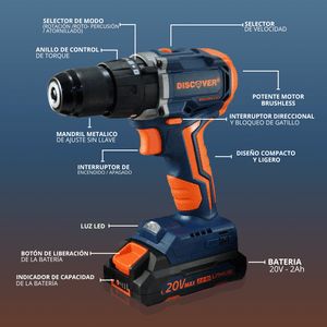 Taladro percutor 1/2" 20V 2 Baterías 2Ah Brushless estuche DISCOVER