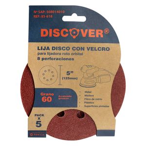 Lija disco con velcro 5" (127mm) 8 huecos, P 60 x 5 unidades DISCOVER